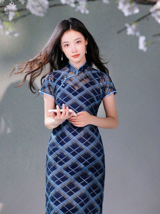 Navy blue Geometric Lattice  | Modern one-Pieces Qipao Dress（若檬）