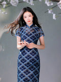 Navy blue Geometric Lattice  | Modern one-Pieces Qipao Dress（若檬）