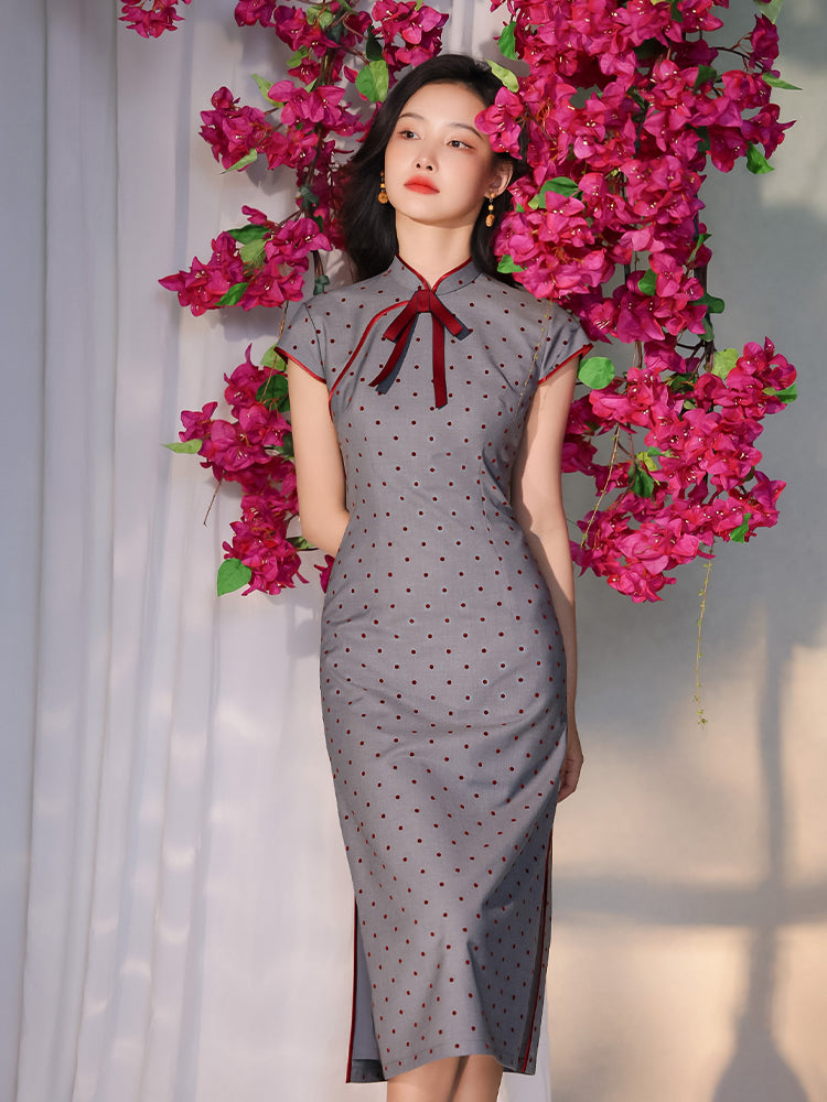 Dusk Grey with Red Polka Dots | Modern one-Pieces Qipao Dress(佳音)