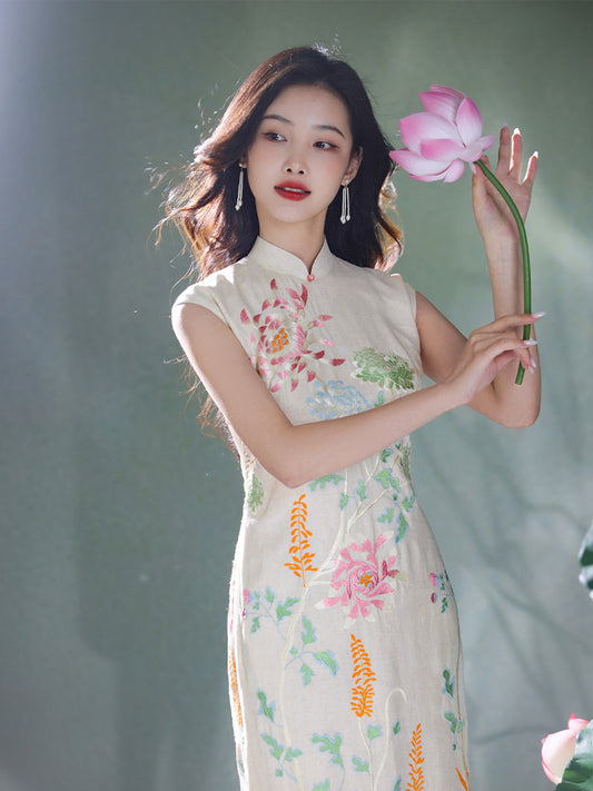 Colorful Lotus Flower Cotton and Linen Embroidery|Modern one-Pieces Qipao Dress（菡裳）