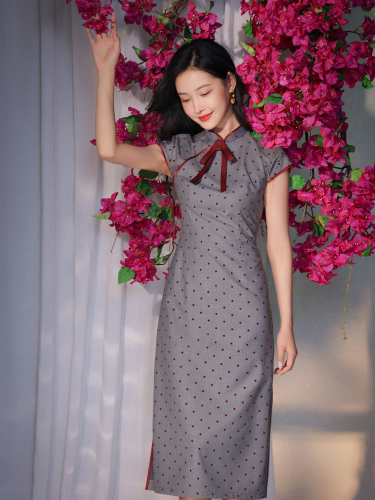 Dusk Grey with Red Polka Dots | Modern one-Pieces Qipao Dress(佳音)
