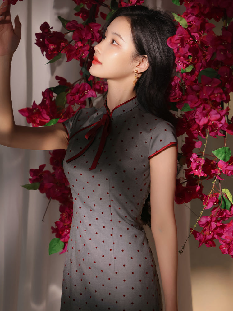 Dusk Grey with Red Polka Dots | Modern one-Pieces Qipao Dress(佳音)