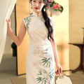 Botanical-Dyed Ivory Silk Satin | Modern one-Pieces Qipao Dress (青韵)