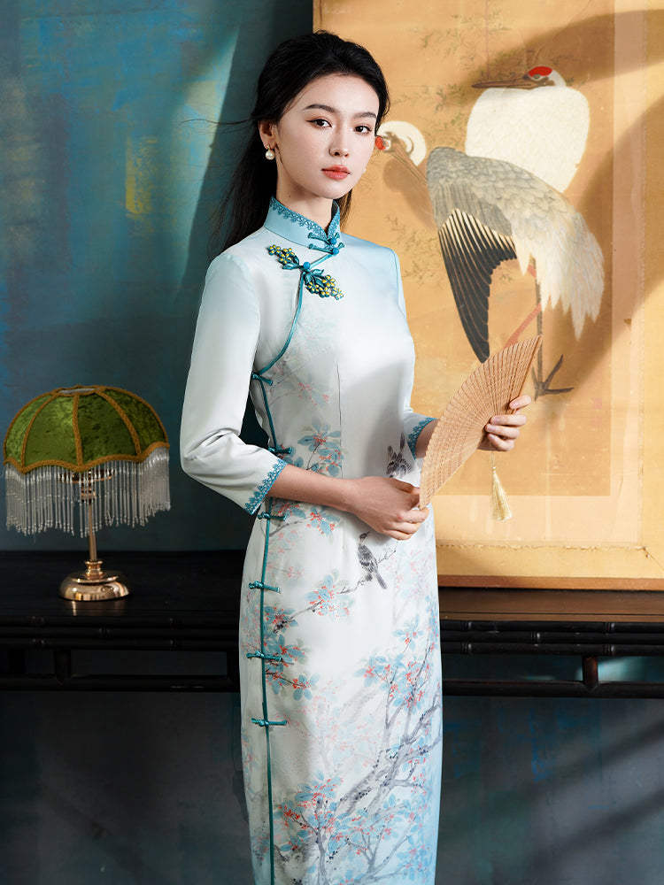 Sky-Blue Printed Chiffon | Modern one-Pieces Qipao Dress（梦烟雨）