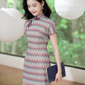 A beige base color with zigzag stripes in red, blue and brown|Modern one-Pieces Qipao Dress（倾黛）