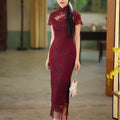 Burgundy Lace Embroidery | Modern one-Pieces Qipao Dress（绯颜）