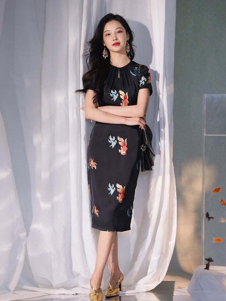 Black satin|Embroidered two-tone goldfish|Modern one-Pieces Qipao Dress（锦秀）