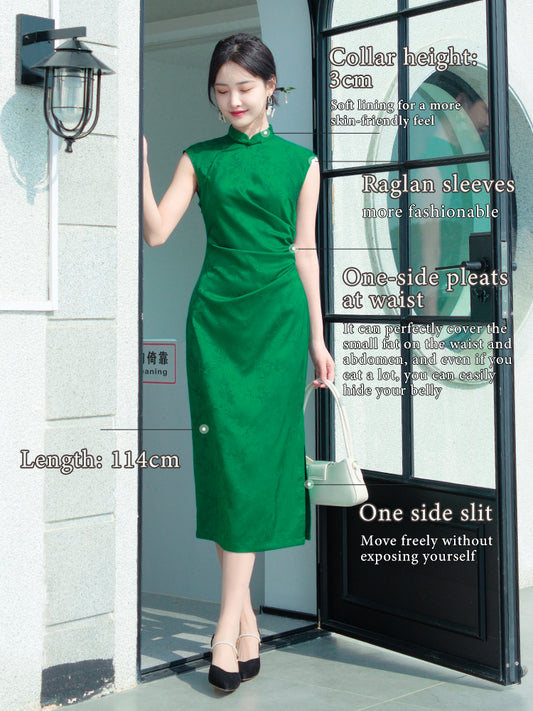 Green acetate jacquard fabric| Modern one-Pieces Qipao Dress（翠微）
