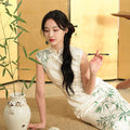 Botanical-Dyed Ivory Silk Satin | Modern one-Pieces Qipao Dress (青韵)