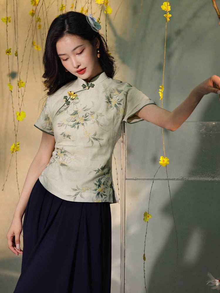 light green|Osmanthus Print Qipao top（沁寒）
