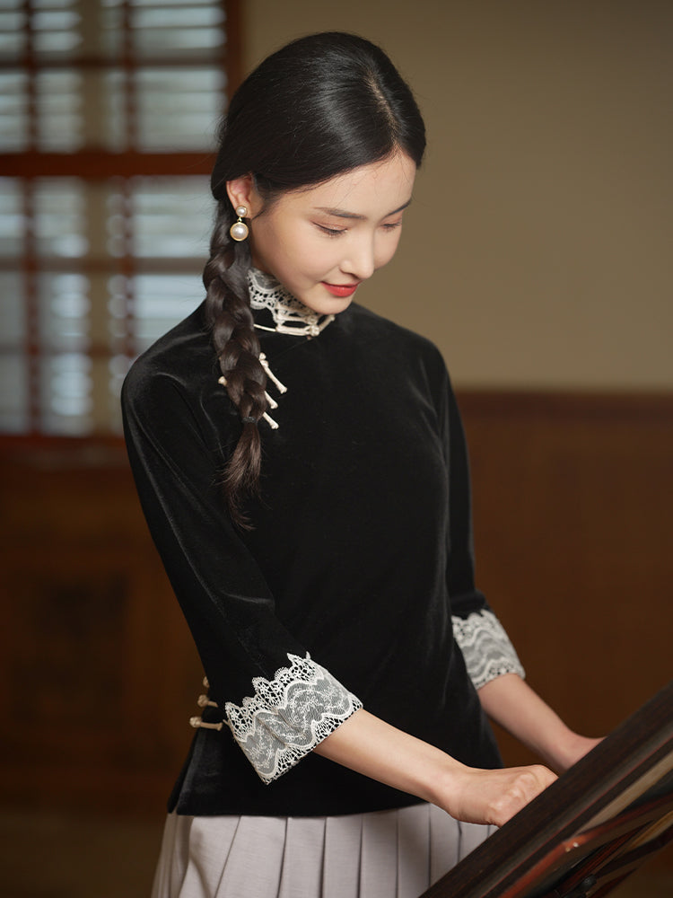 Vintage-Inspired Republic Era Schoolgirl Dress  | Velvet Cheongsam Top（徽茵）