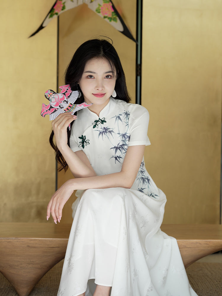 Ivory White Hand-Painted Bamboo | Neo-Chinese Dress（君竹）