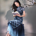 Navy blue Geometric Lattice  | Modern one-Pieces Qipao Dress（若檬）