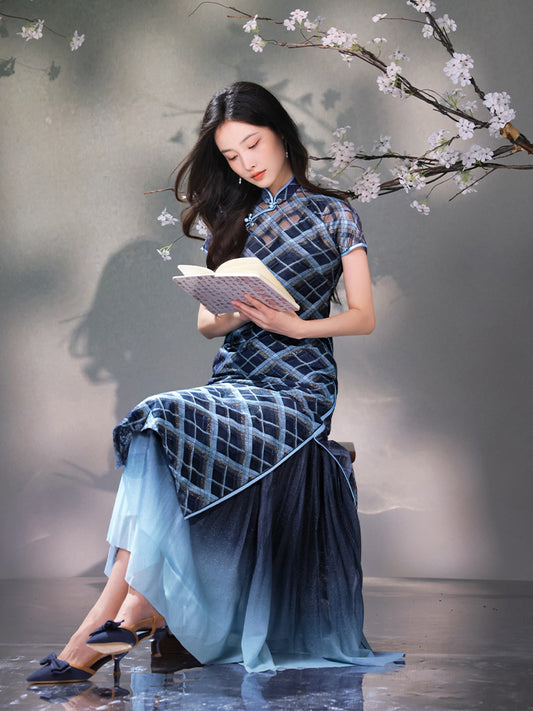 Navy blue Geometric Lattice  | Modern one-Pieces Qipao Dress（若檬）