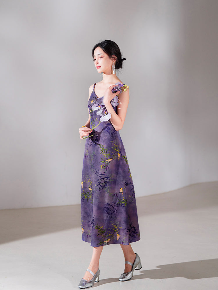 Lilac purple|Modern one-Pieces spaghetti strap dress（馨竹）