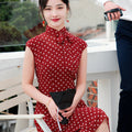 dark red polka dot|Modern one-Pieces Qipao Dress（舒萌）