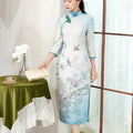 Sky-Blue Printed Chiffon | Modern one-Pieces Qipao Dress（梦烟雨）