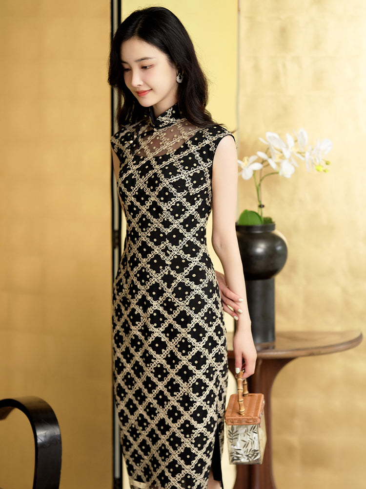 Caramel Diamond Lattice lace | Modern one-Pieces Qipao Dress（晗香）