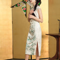Botanical-Dyed Ivory Silk Satin | Modern one-Pieces Qipao Dress (青韵)