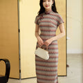 A beige base color with zigzag stripes in red, blue and brown|Modern one-Pieces Qipao Dress（倾黛）