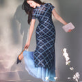 Navy blue Geometric Lattice  | Modern one-Pieces Qipao Dress（若檬）