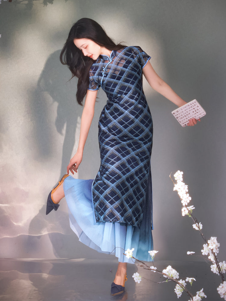 Navy blue Geometric Lattice  | Modern one-Pieces Qipao Dress（若檬）