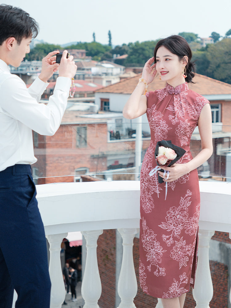 Leather Pink|Modern one-Pieces Qipao Dress（相思子）