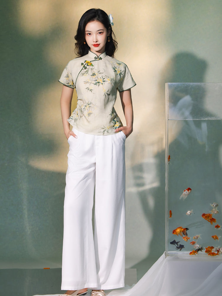 light green|Osmanthus Print Qipao top（沁寒）
