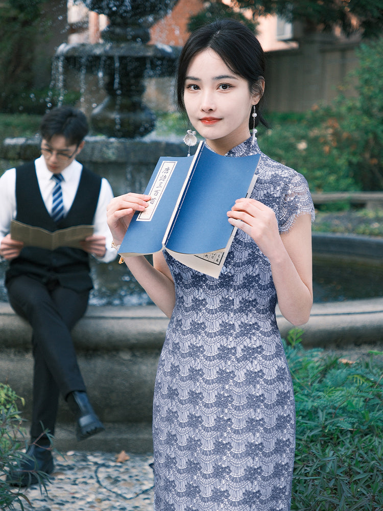 Dusty Blue Elastic Lace | Modern one-Pieces Qipao Dress（兰若）