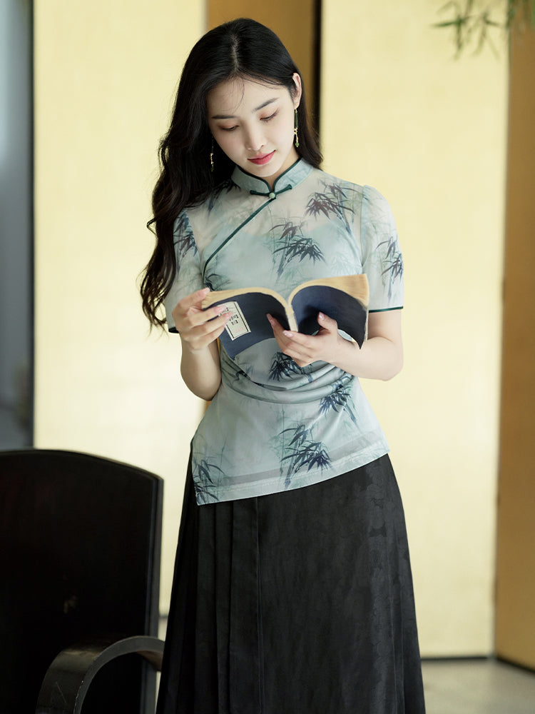 mint green|Modern one-Pieces Qipao top（竹青）