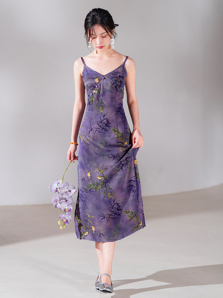 Lilac purple|Modern one-Pieces spaghetti strap dress（馨竹）