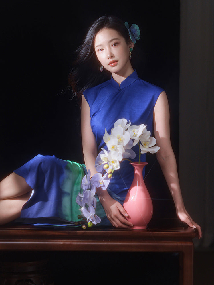 Inked Aurora Blue Green Color Gradient|Modern one-Pieces Qipao Dress（玦光）