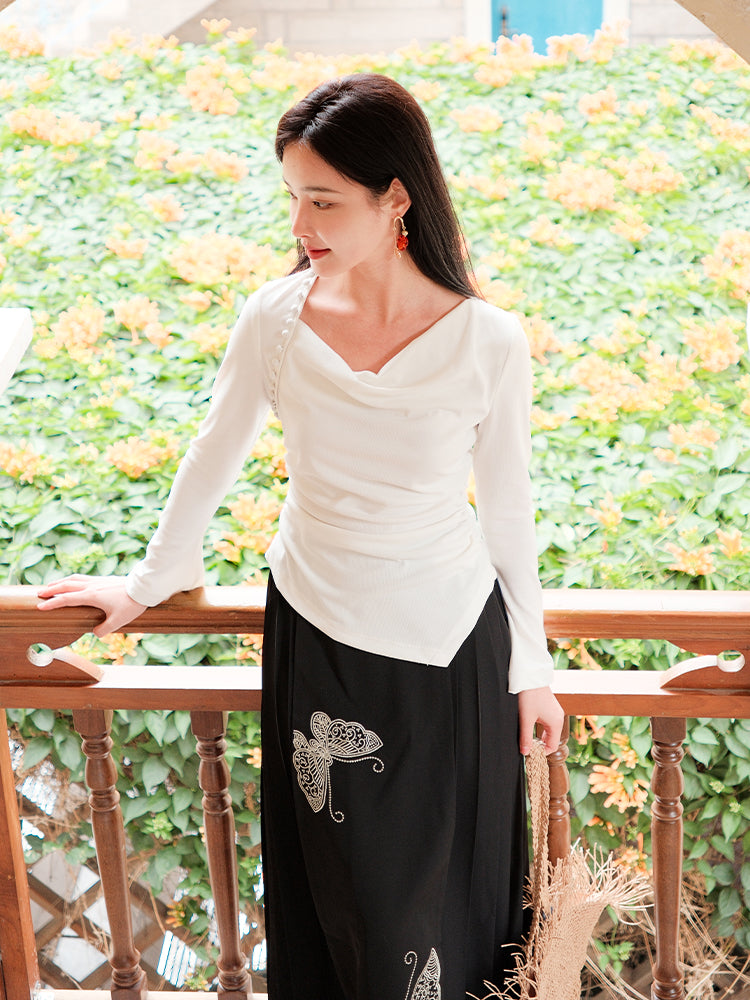 Milky White Long-Sleeve Knit | Contemporary Chinese-Inspired Top（南汐）