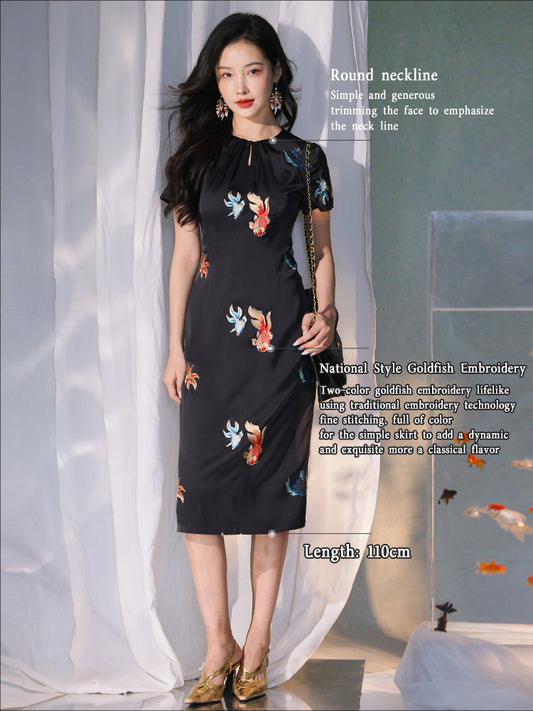 Black satin|Embroidered two-tone goldfish|Modern one-Pieces Qipao Dress（锦秀）