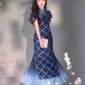 Navy blue Geometric Lattice  | Modern one-Pieces Qipao Dress（若檬）