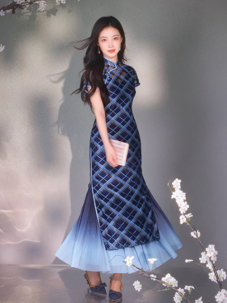 Navy blue Geometric Lattice  | Modern one-Pieces Qipao Dress（若檬）