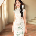 Botanical-Dyed Ivory Silk Satin | Modern one-Pieces Qipao Dress (青韵)