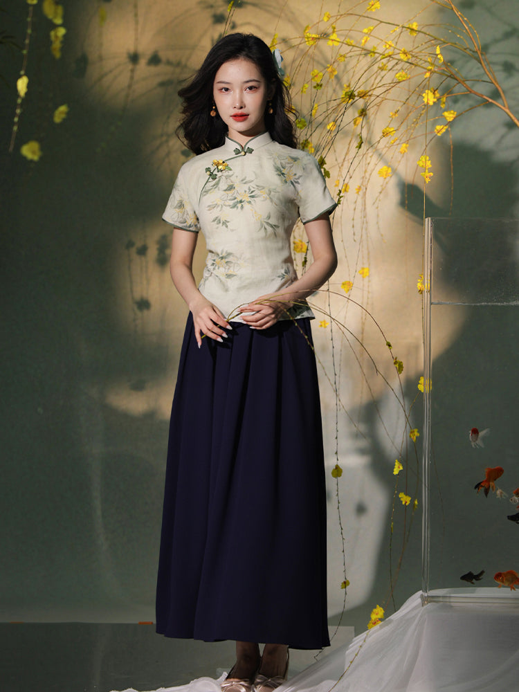 light green|Osmanthus Print Qipao top（沁寒）