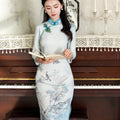 Sky-Blue Printed Chiffon | Modern one-Pieces Qipao Dress（梦烟雨）