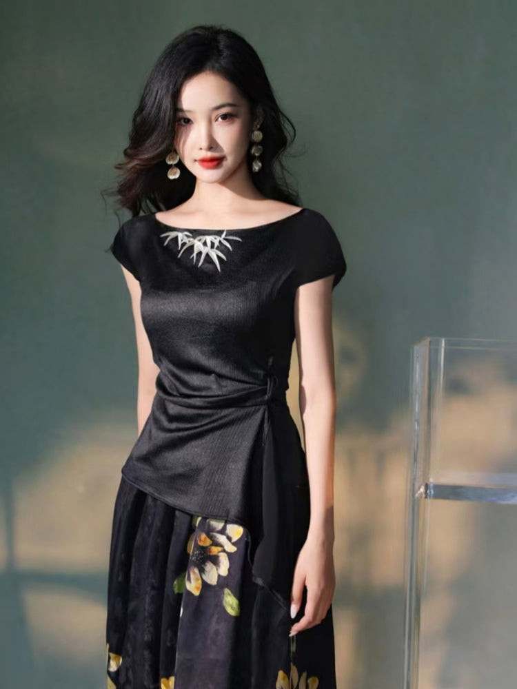 ink Black Silk Embroidered  | Sleeveless Camisole（墨莞）