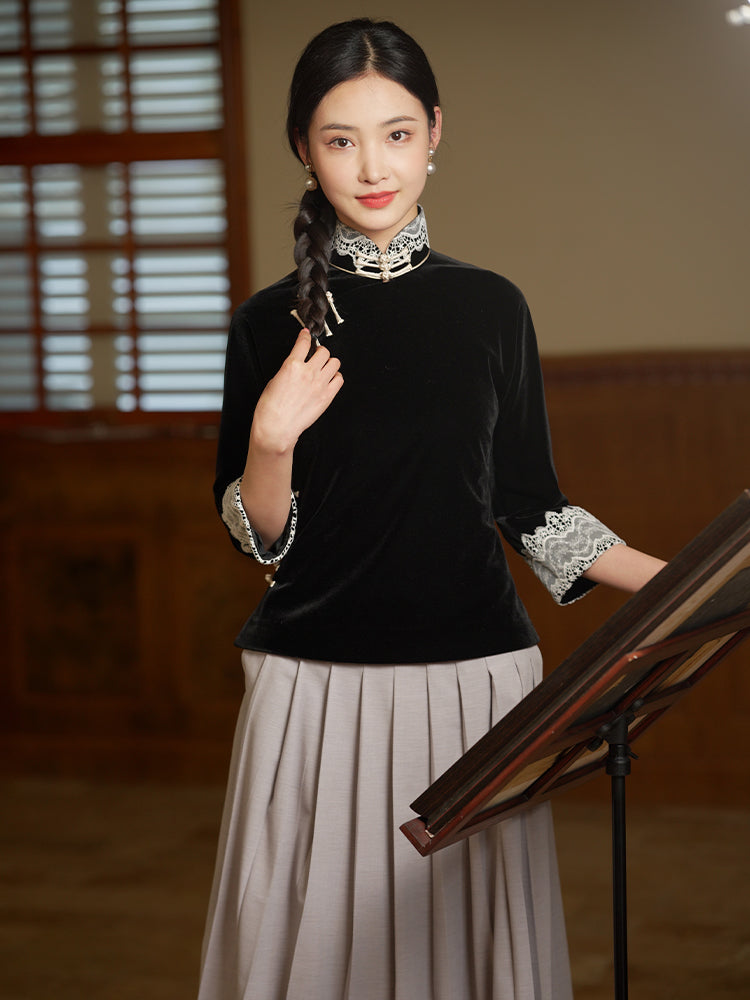Vintage-Inspired Republic Era Schoolgirl Dress  | Velvet Cheongsam Top（徽茵）