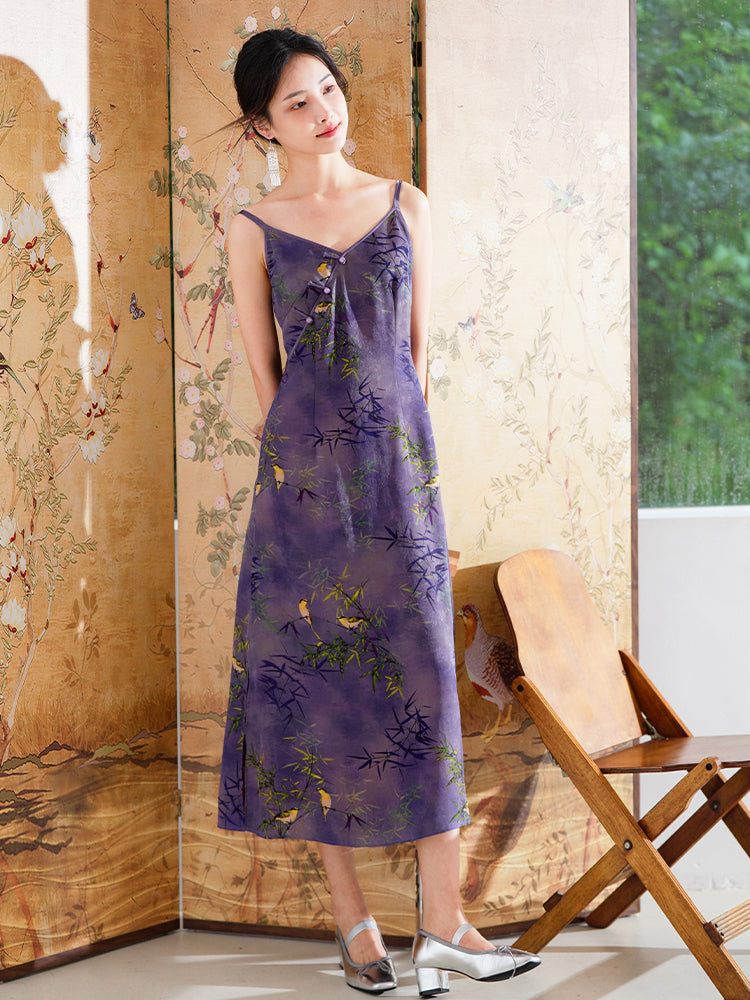 Lilac purple|Modern one-Pieces spaghetti strap dress（馨竹）