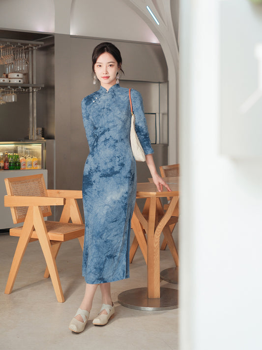 Indigo Cotton-Linen Tie-Dye | Modern one-Pieces Qipao Dress（清宇）