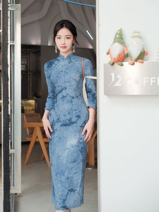 Indigo Cotton-Linen Tie-Dye | Modern one-Pieces Qipao Dress（清宇）