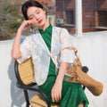 White |Qipao-Inspired Kimono Wrap with Floral Stitchwork(鹤云) - E·Beauty