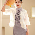 White |Qipao-Inspired Kimono Wrap with Floral Stitchwork(鹤云) - E·Beauty