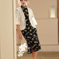 White |Qipao-Inspired Kimono Wrap with Floral Stitchwork(鹤云) - E·Beauty