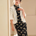 White |Qipao-Inspired Kimono Wrap with Floral Stitchwork(鹤云) - E·Beauty