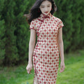Apricot Geometric Diamond Pattern| Modern one-Pieces Qipao Dress（方仪） - E·Beauty