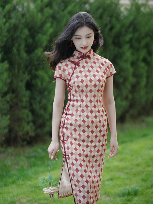 Apricot Geometric Diamond Pattern| Modern one-Pieces Qipao Dress（方仪） - E·Beauty